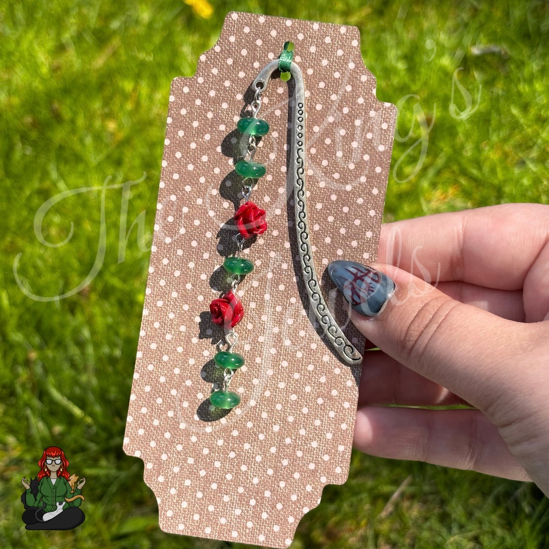 GwennaBelle - Red Rose & Green Dyed Aquamarine Bead Bookmark!