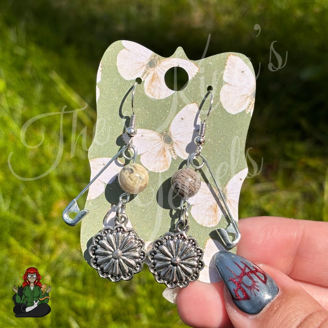 Raven - Boho Flower Charm & Jasper Safety Pin Earrings!