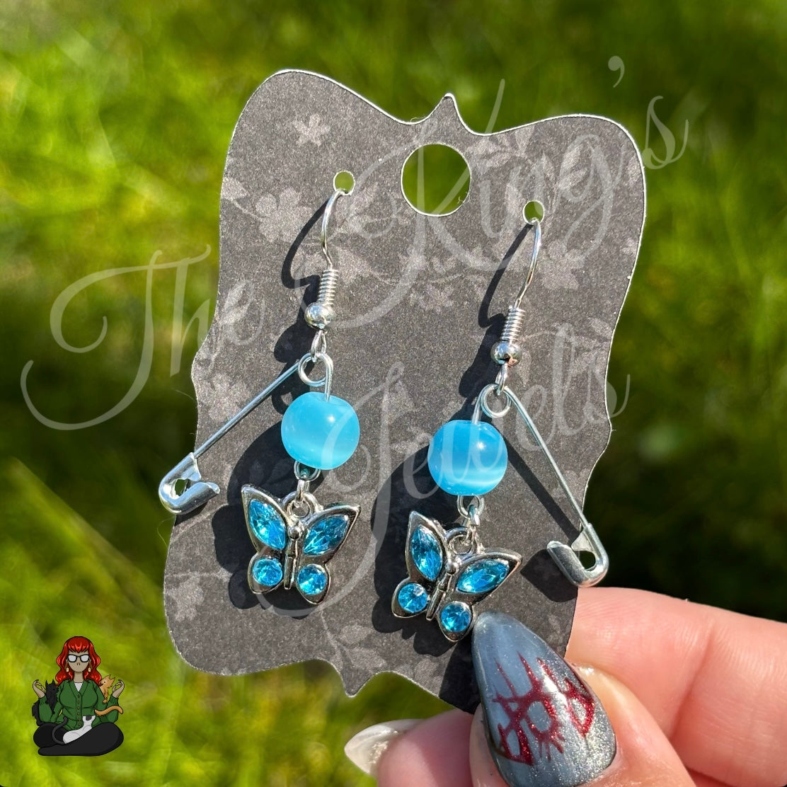 Raven - Butterfly & Blue Bead Safety Pin Earrings!