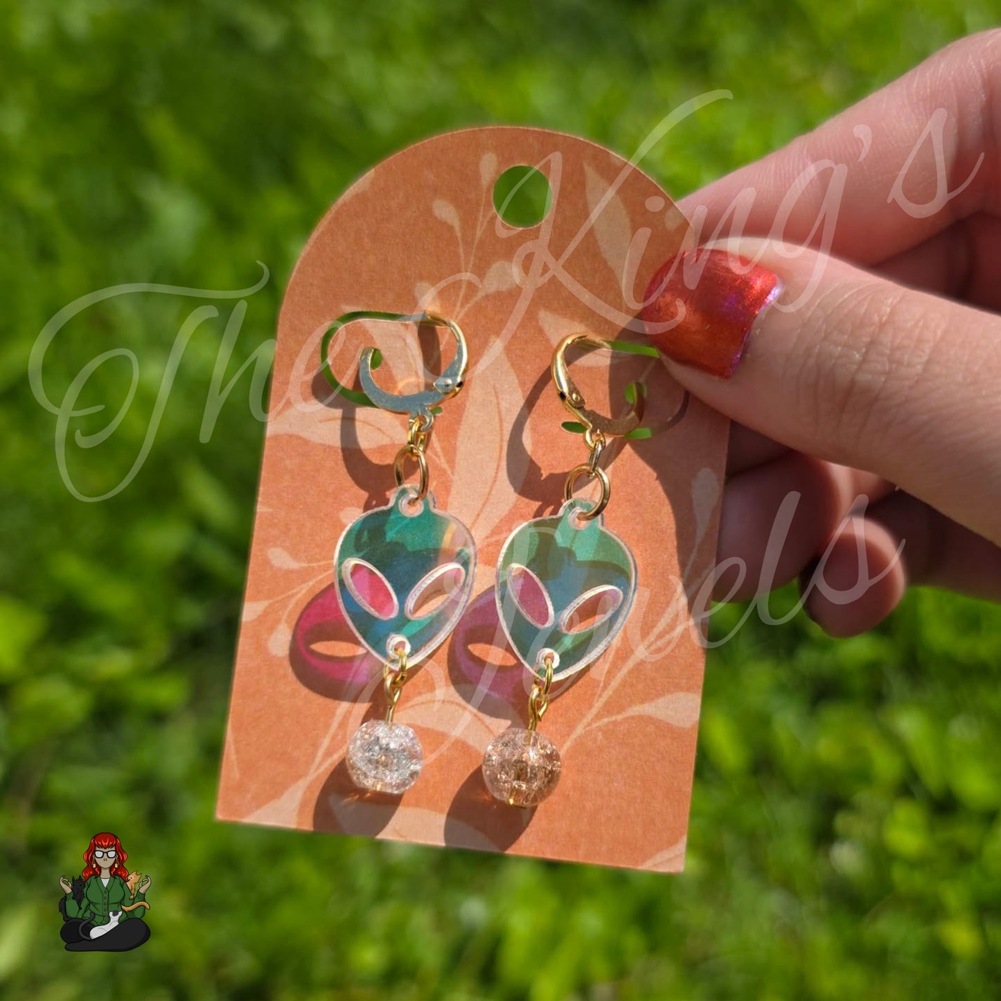 Katie - Champagne Crackle Bead & Holo Alien Head Earrings!