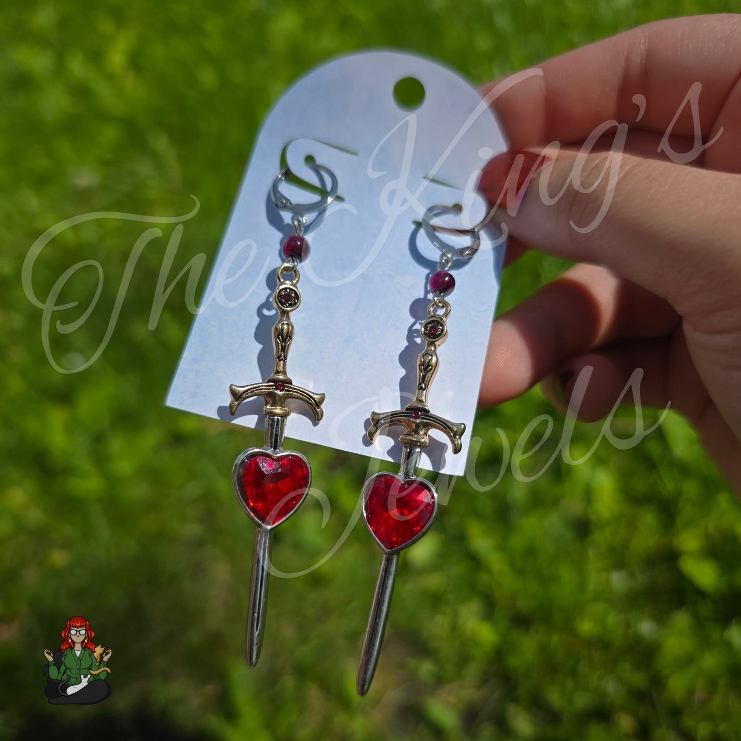 Katie - Mixed Metal Sword & Red Garnet Bead Earrings!