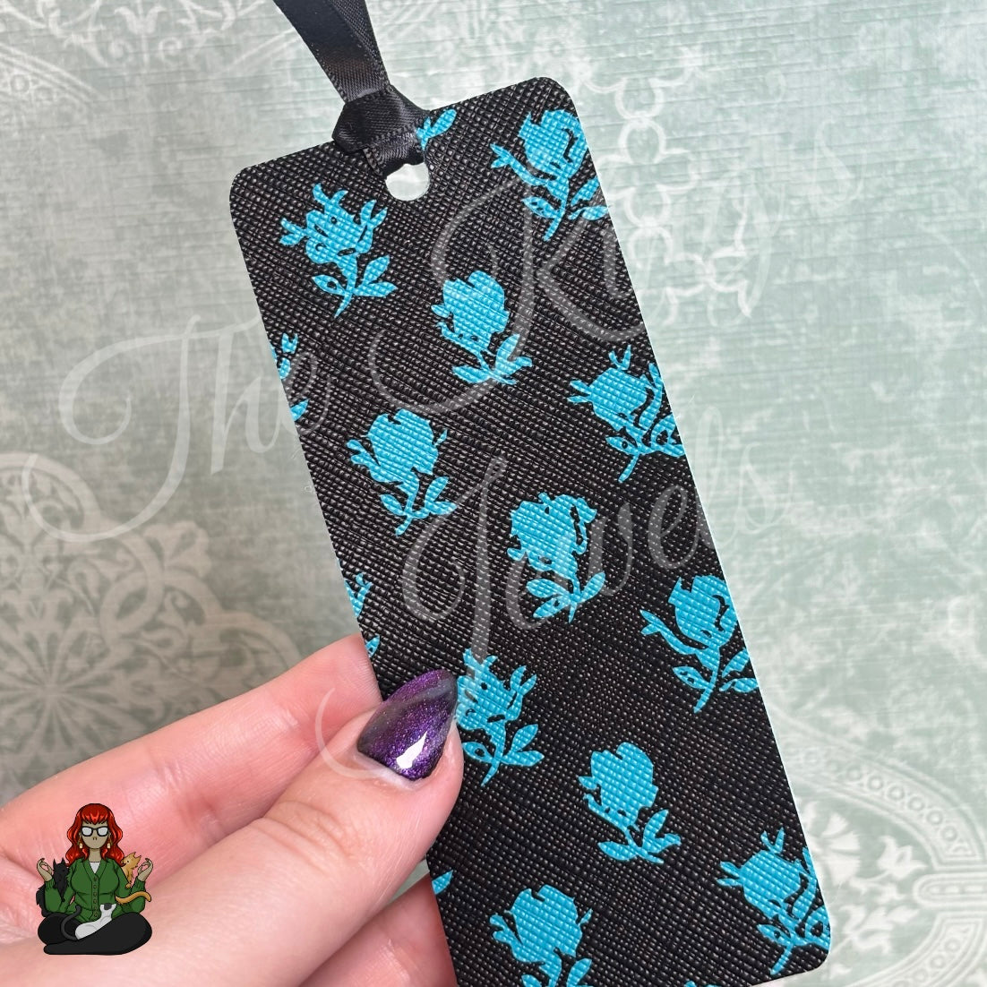 Shannon - Blue Floral Faux Leather Bookmark!
