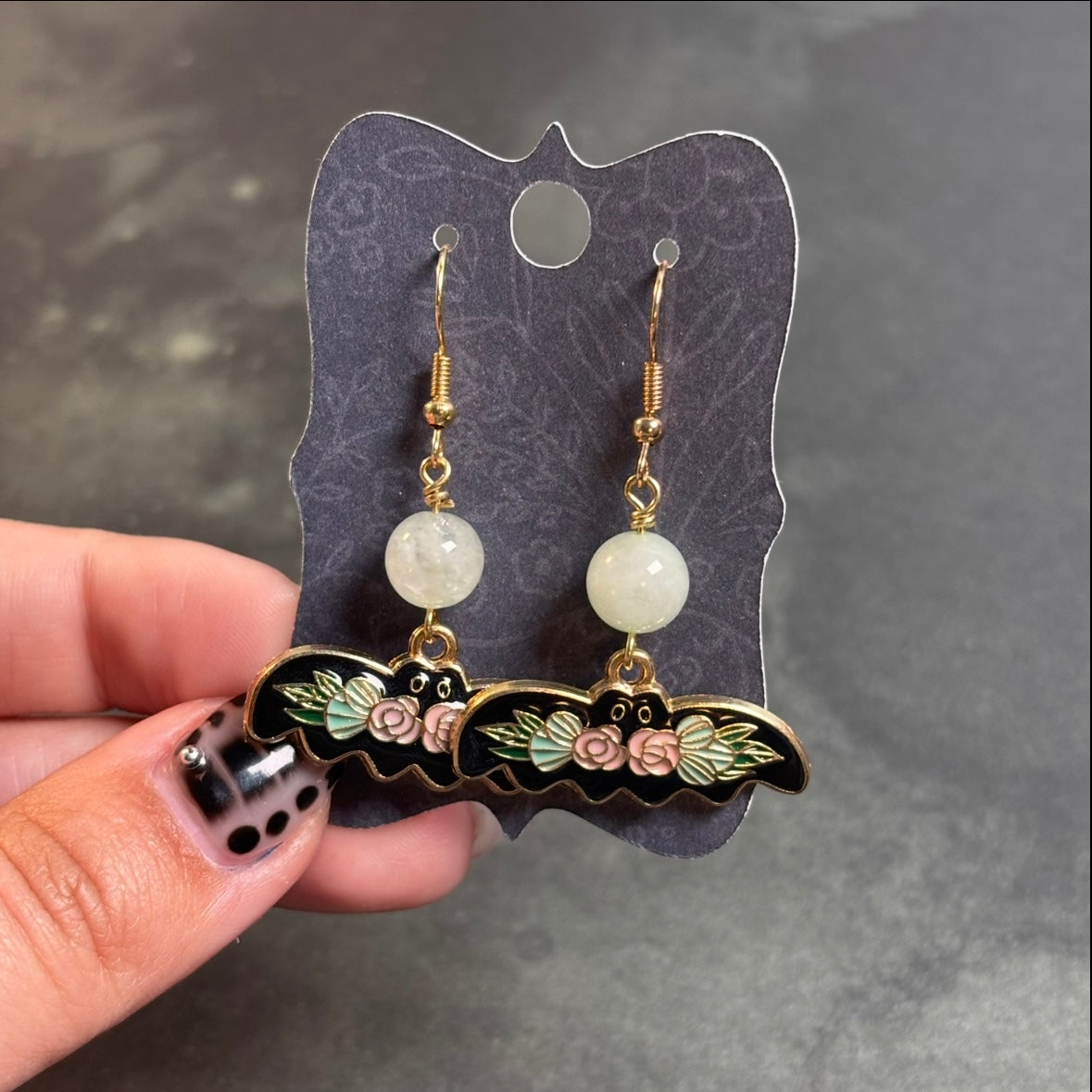 Katie - Floral Bat & Dyed Quartz Bead Earrings!