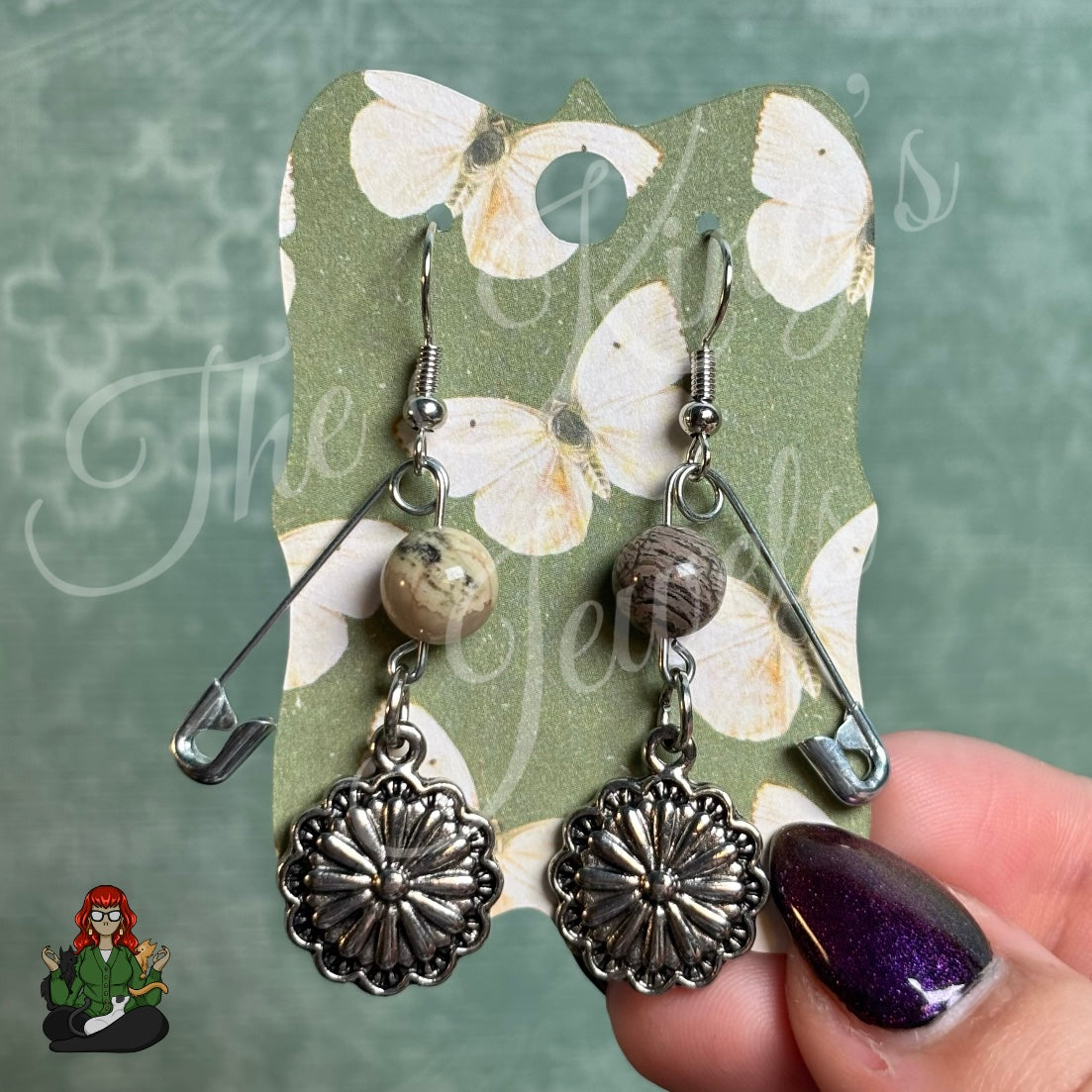 Raven - Boho Flower Charm & Jasper Safety Pin Earrings!