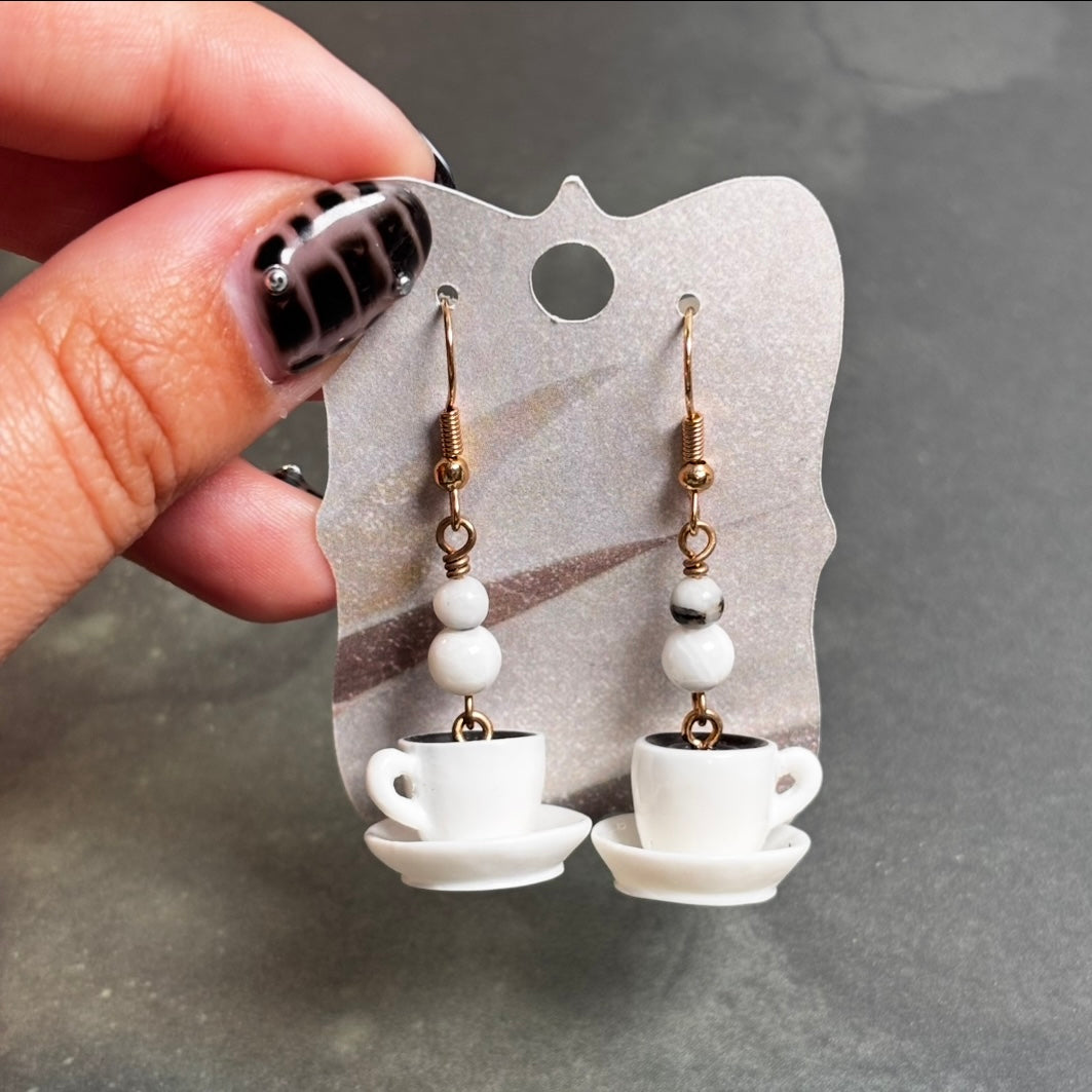 Katie - Coffee Cup, Mother of Pearl & Zebra Jasper Bead Earrings!
