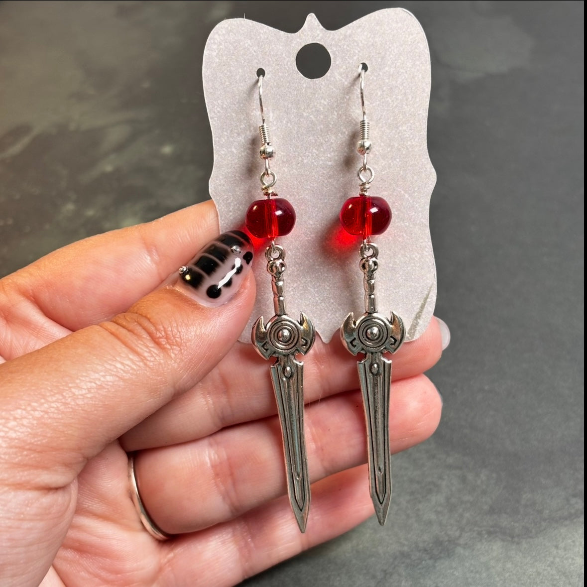 Katie - Sword & Red Glass Bead Earrings!