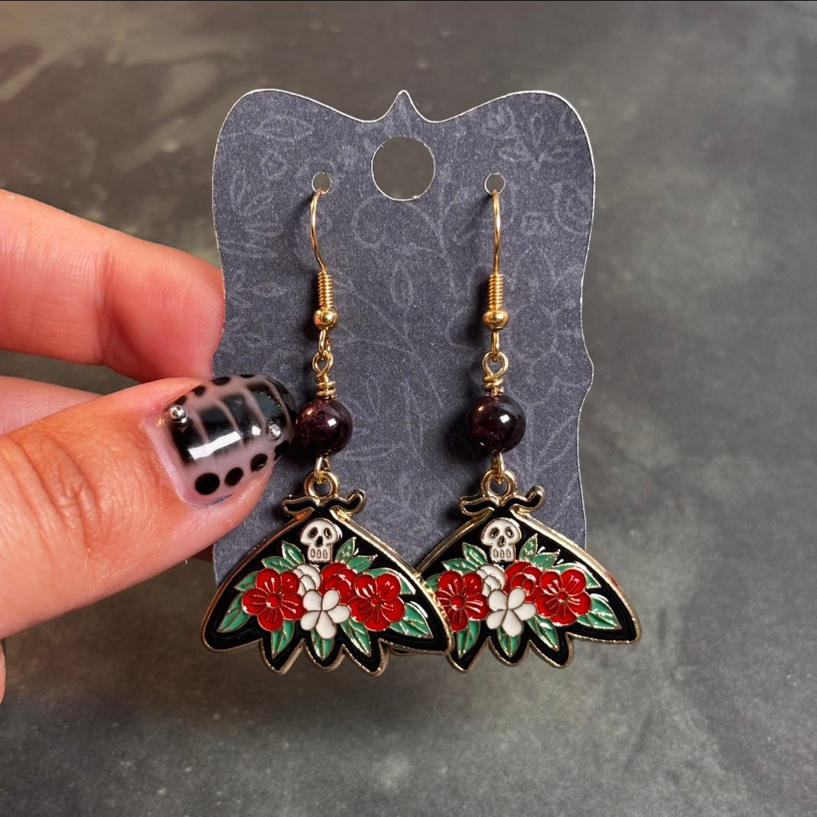 Katie - Floral Death Hawk Moth & Garnet Bead Earrings!