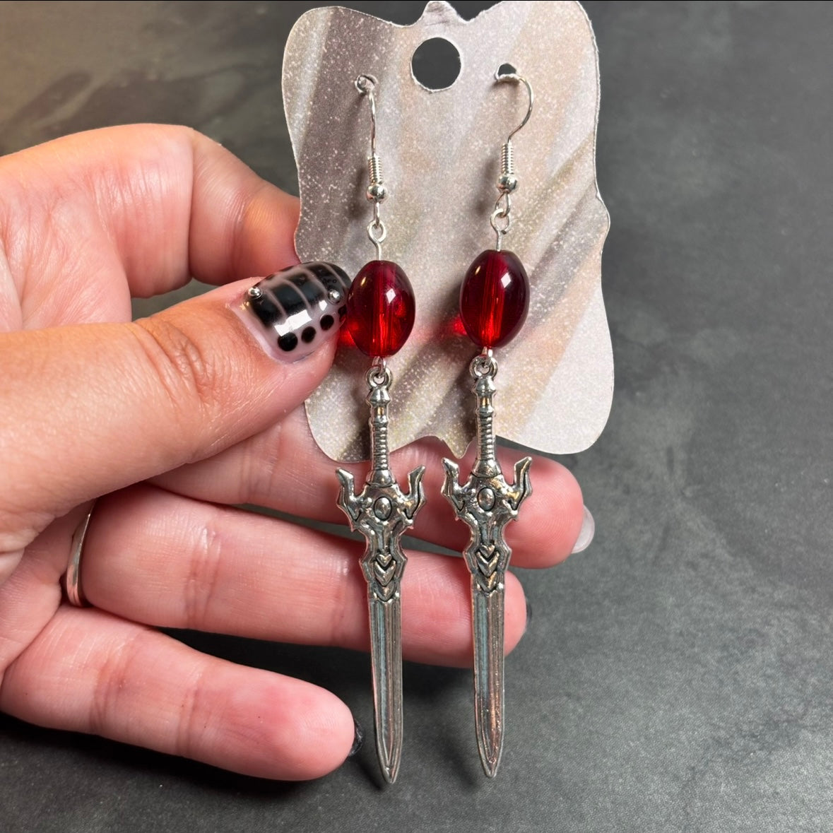 Katie - Intricate Sword & Red Glass Bead Earrings!