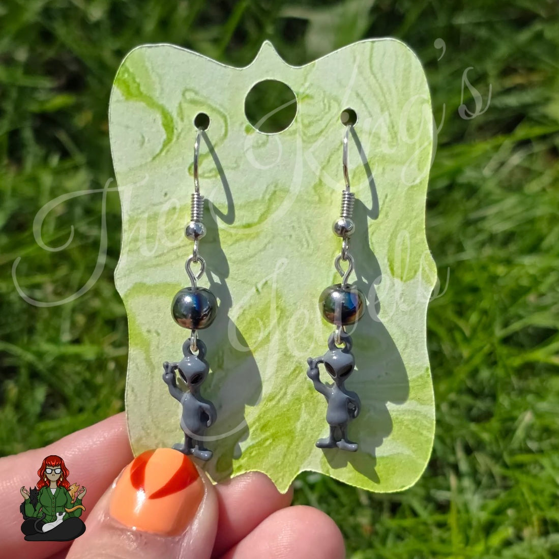 Katie - Gray Alien & Silver Bead Earrings!