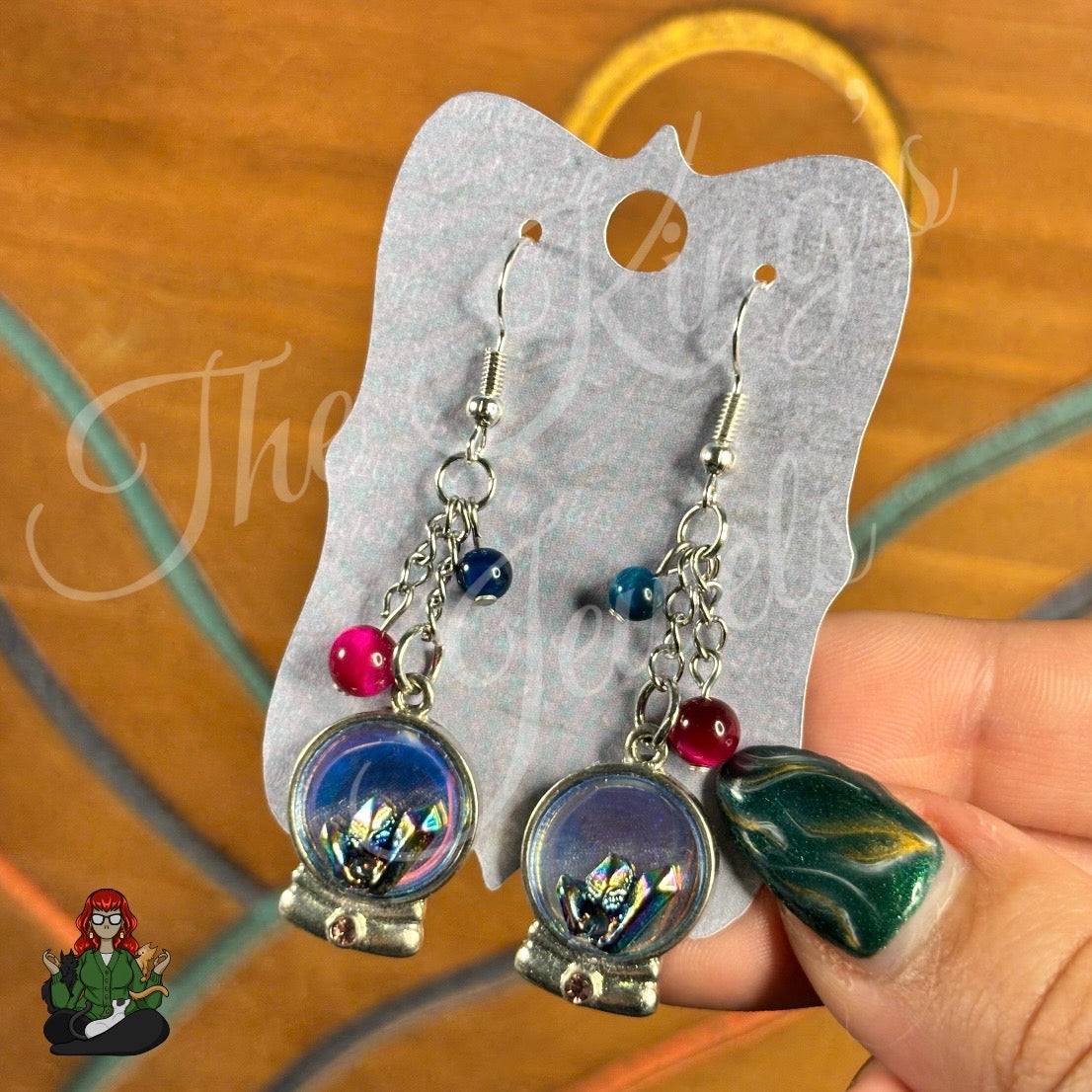 Gladys - Crystal Ball, Pink & Teal Tigers Eye Bead Earrings!