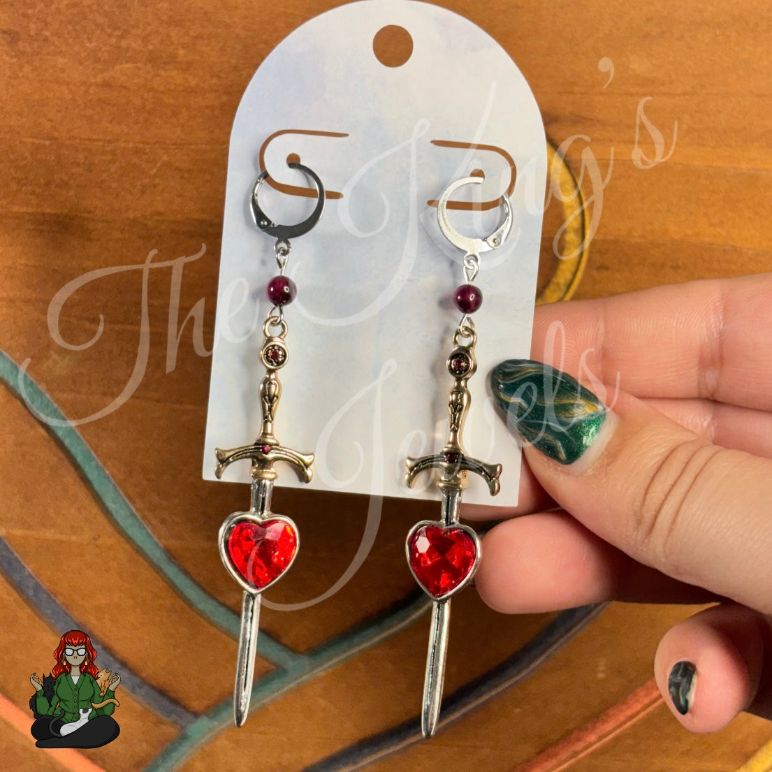 Katie - Mixed Metal Sword & Red Garnet Bead Earrings!
