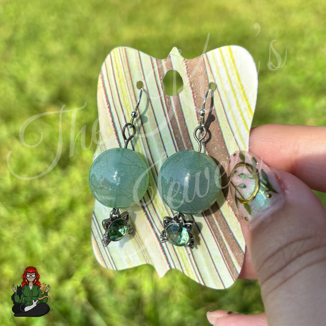 Katie - Green Stone & Green Gem Kitty Charm Earrings!