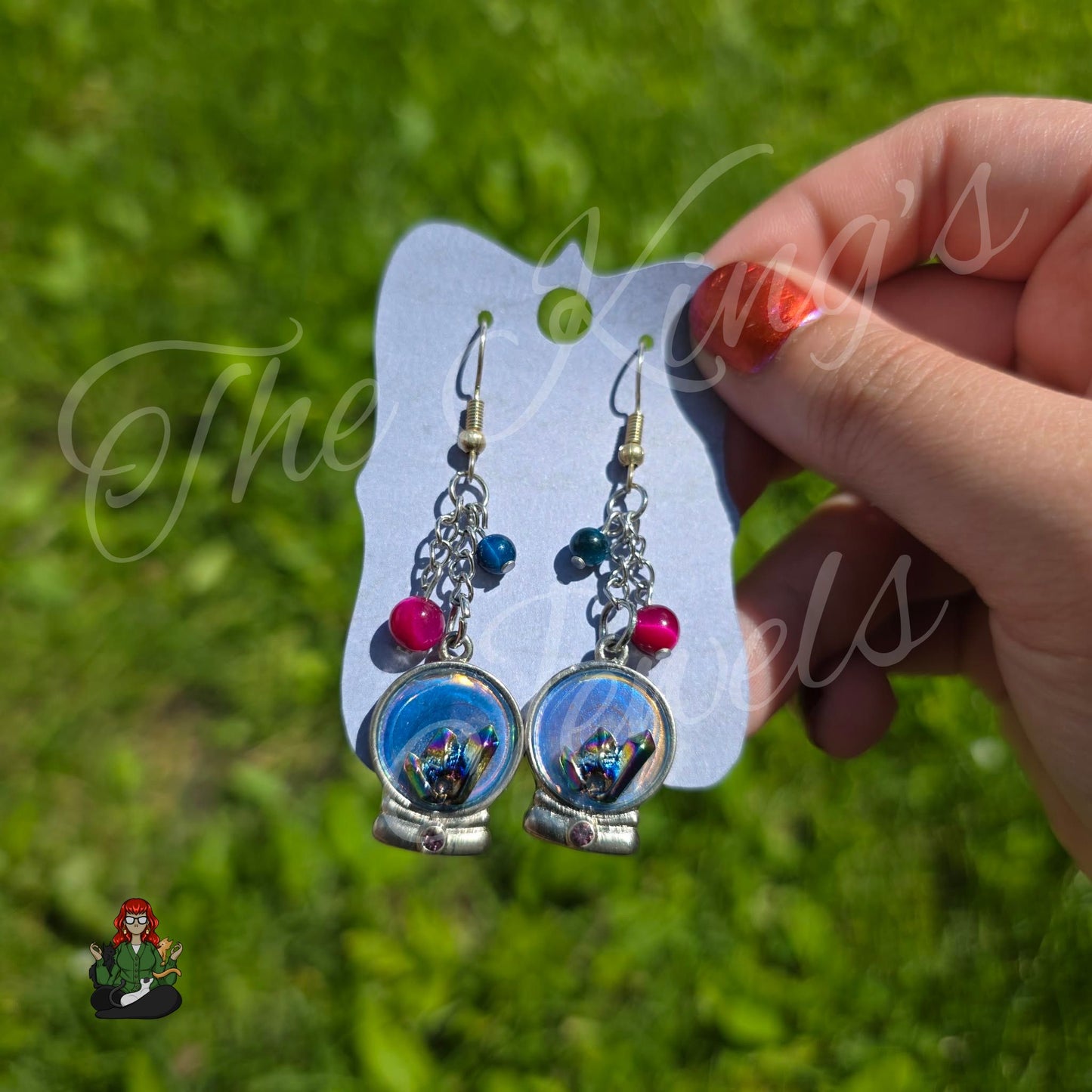 Gladys - Crystal Ball, Pink & Teal Tigers Eye Bead Earrings!
