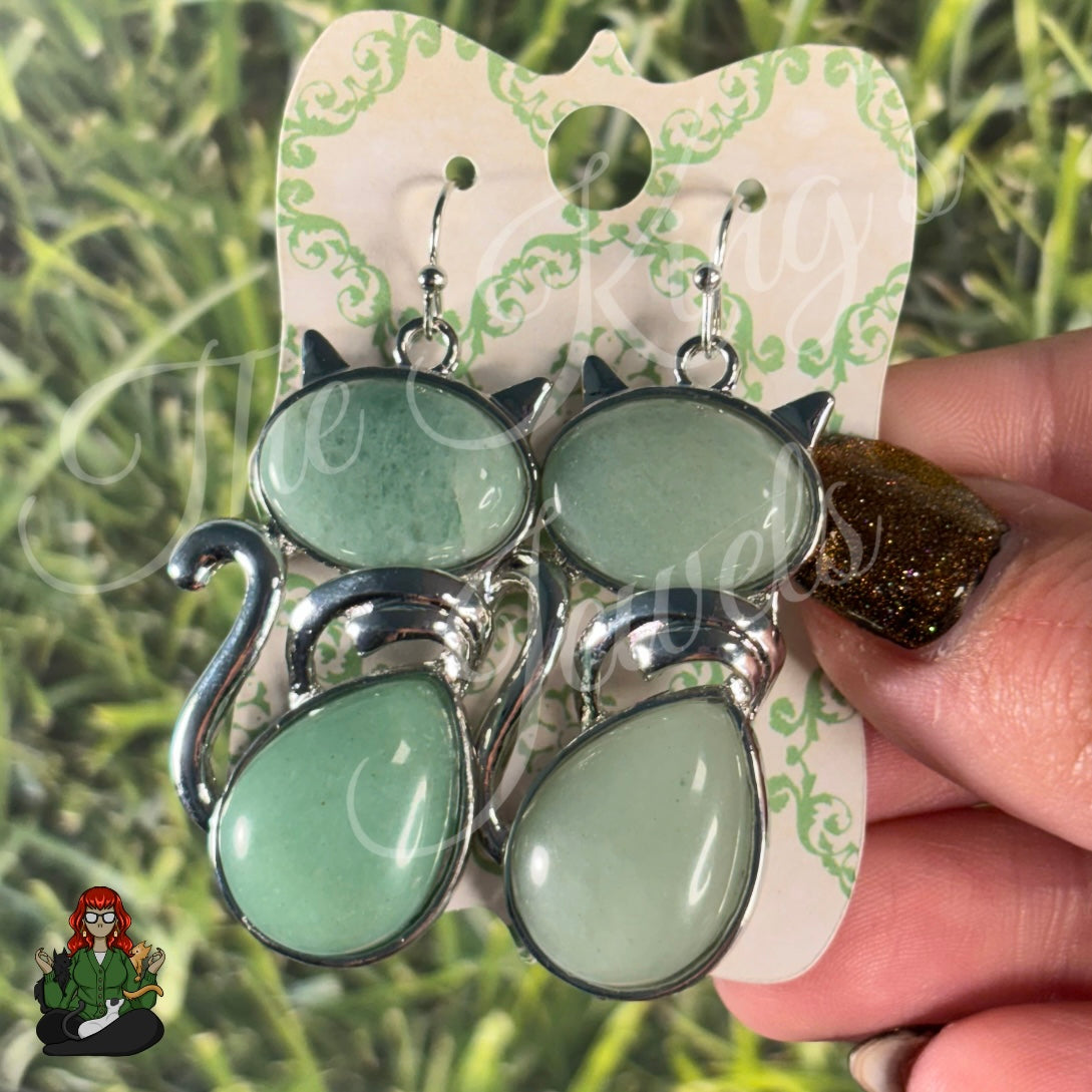 LeonaRae - Green Aventurine Cat Charms Silver Dangles Earrings!
