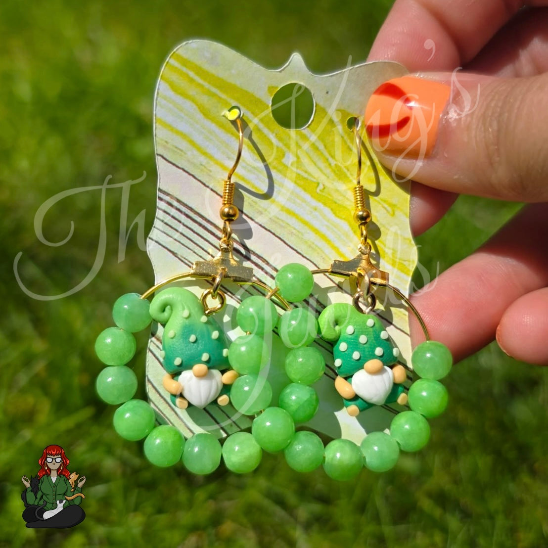 Riona - Gnome & Green Jade Bead Earrings!