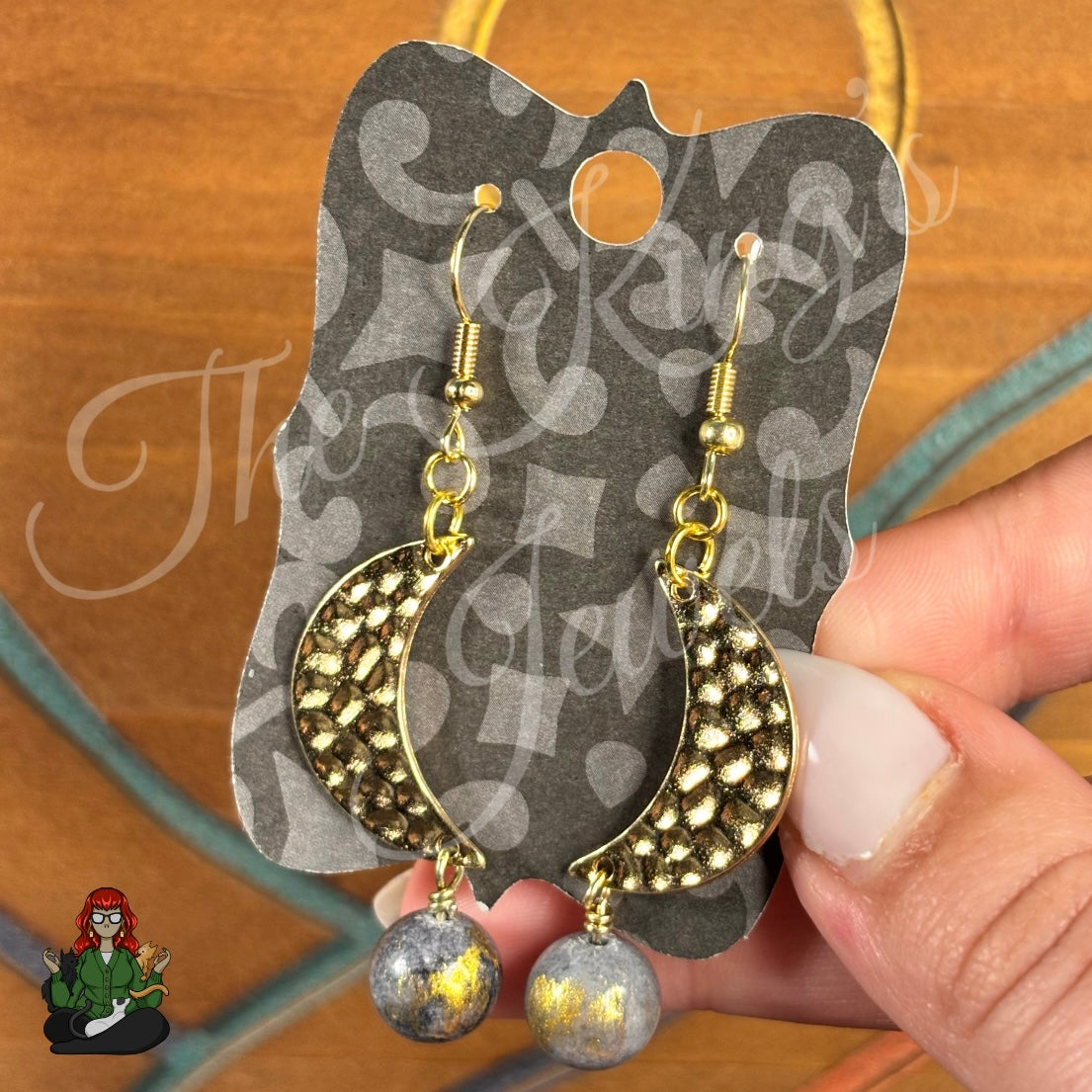 Katie - Hammered Gold Crescent Moon & Brushed Dyed Jade Bead Earrings!