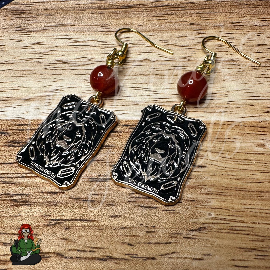 Reserved - Katie - Strength Tarot Charms and Red Bead Earrings!