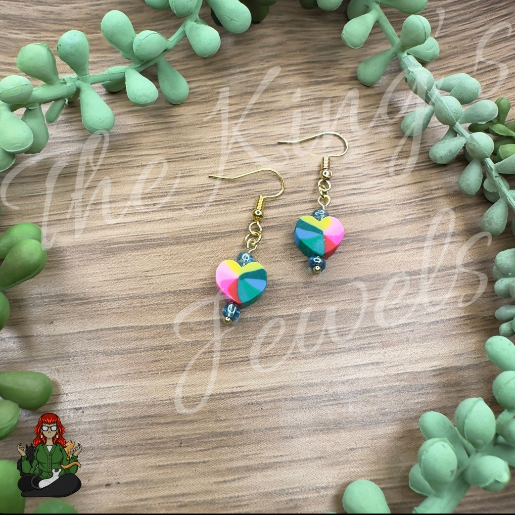 Melissa - Rainbow Heart & Dainty Blue Bead Earrings!