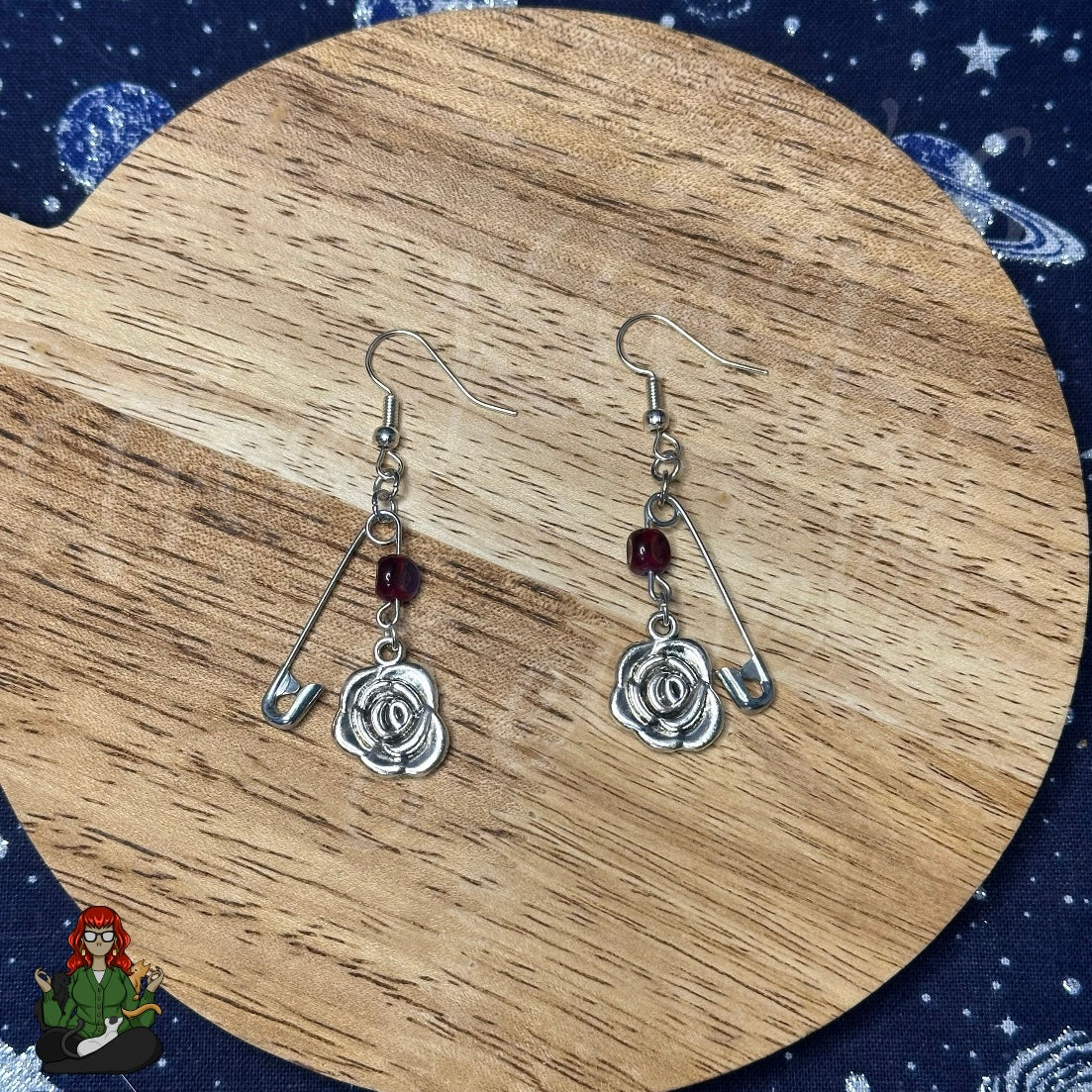 Raven - Rose Charm Safety Pin Earrings!