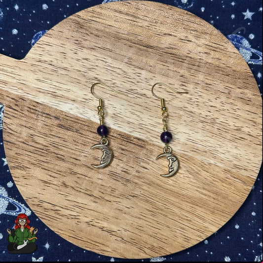 Katie - Dainty Amethyst Bead & Moon Earrings