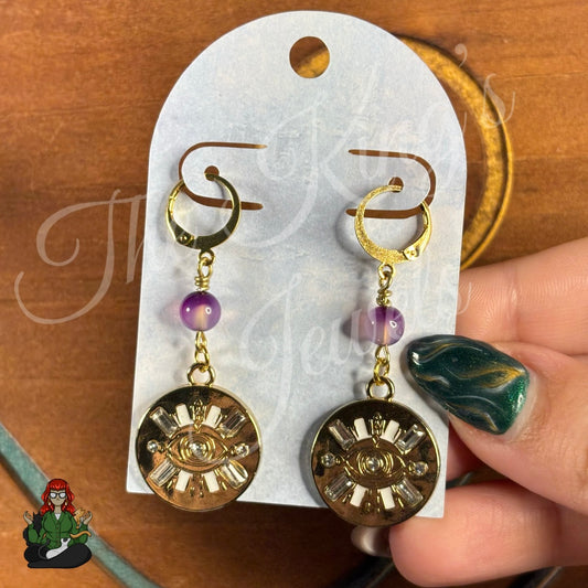 Katie - Evil Eye & Dyed Purple Quartz Bead Earrings!