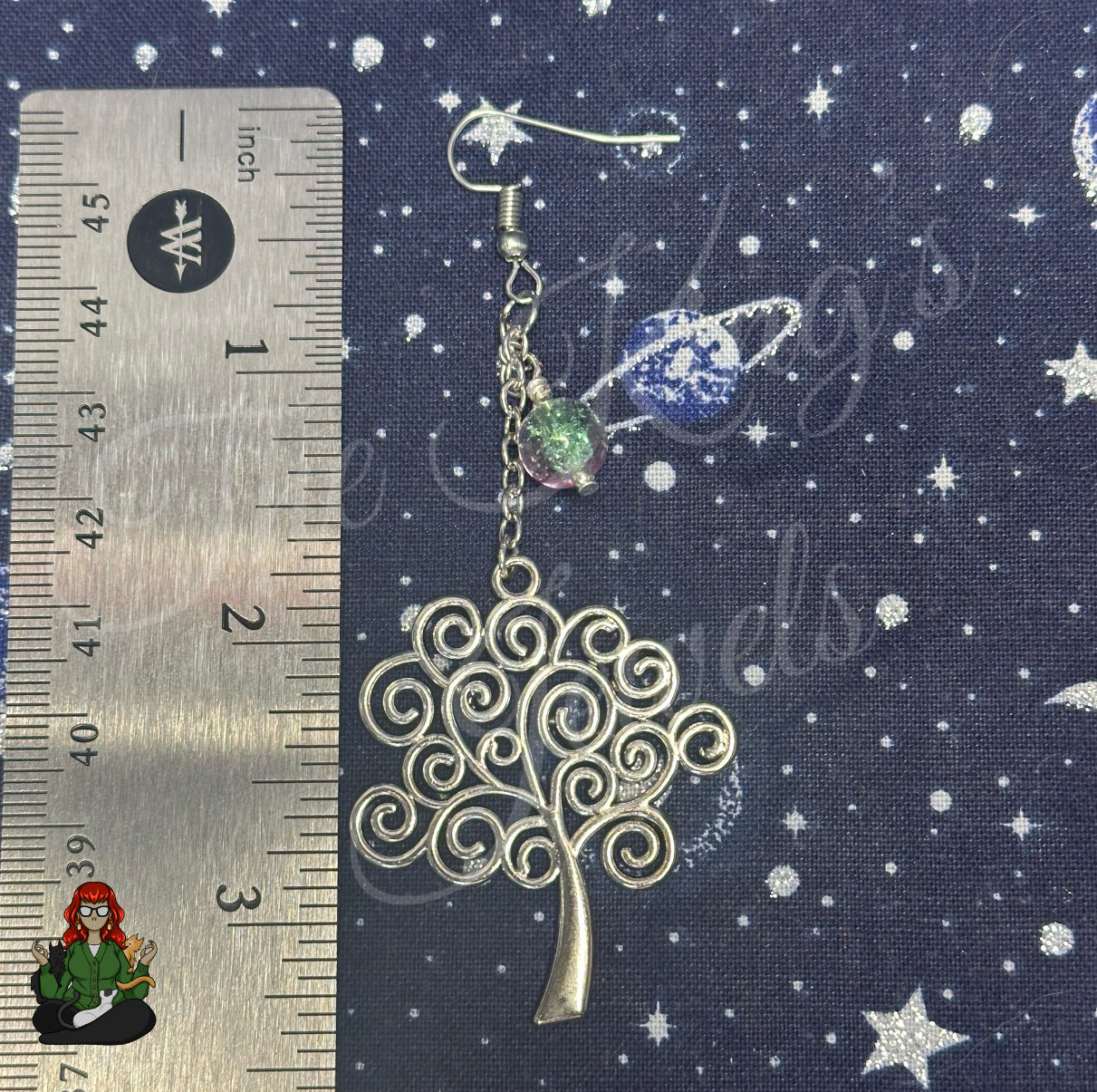 Gladys - Silver Tree and Green Bead Earrings!