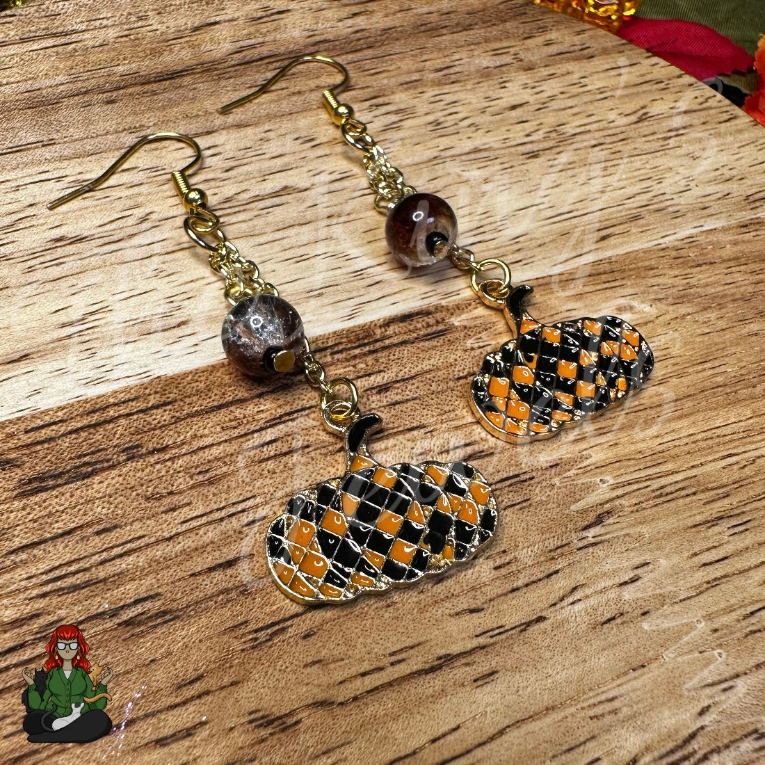 Gladys - Brown & Orange Plaid Pumpkin Earrings!