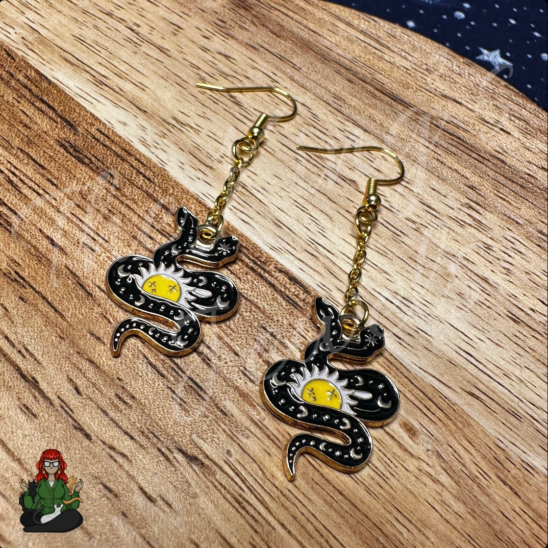 Gladys - Two Headed Snake and Sun Earrings!