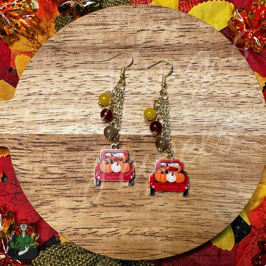 Gladys - Red Pickup Truck & Pumpkins Earrings!