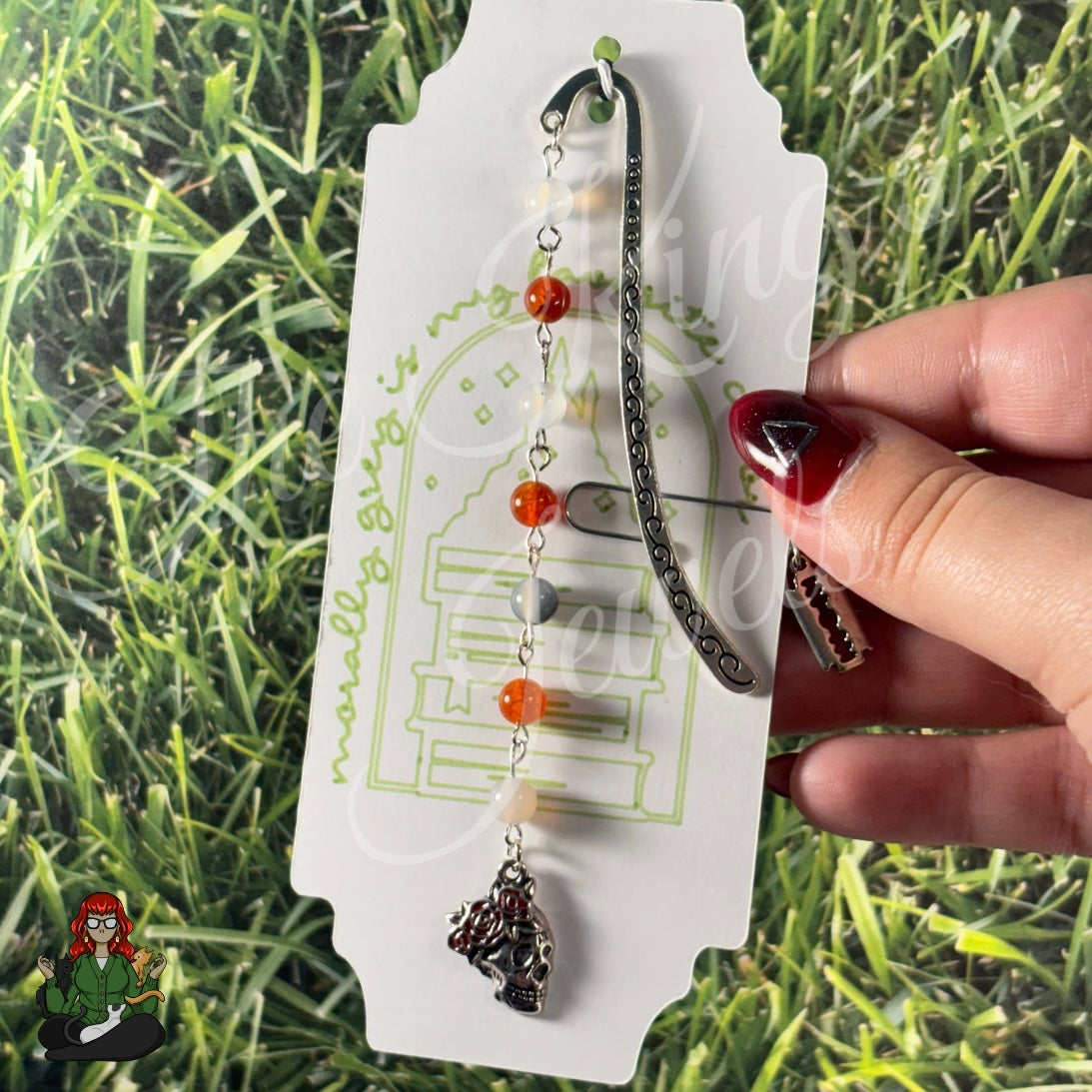 GwennaBelle - Skull & Roses Carnelian Orange Beads Bookmark!
