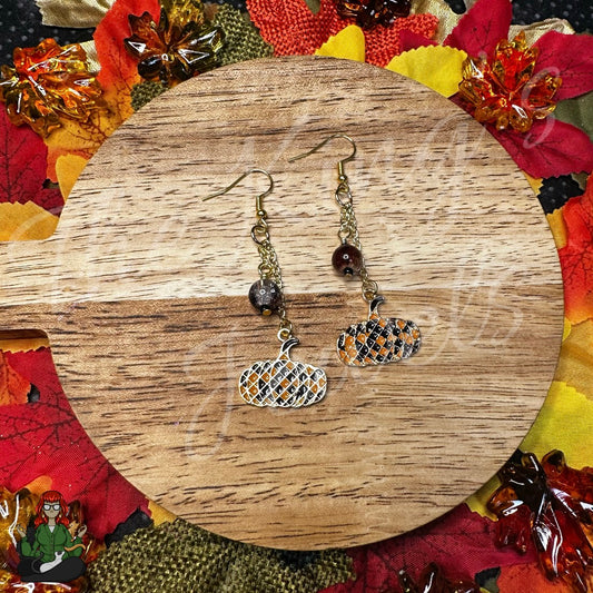 Gladys - Brown & Orange Plaid Pumpkin Earrings!