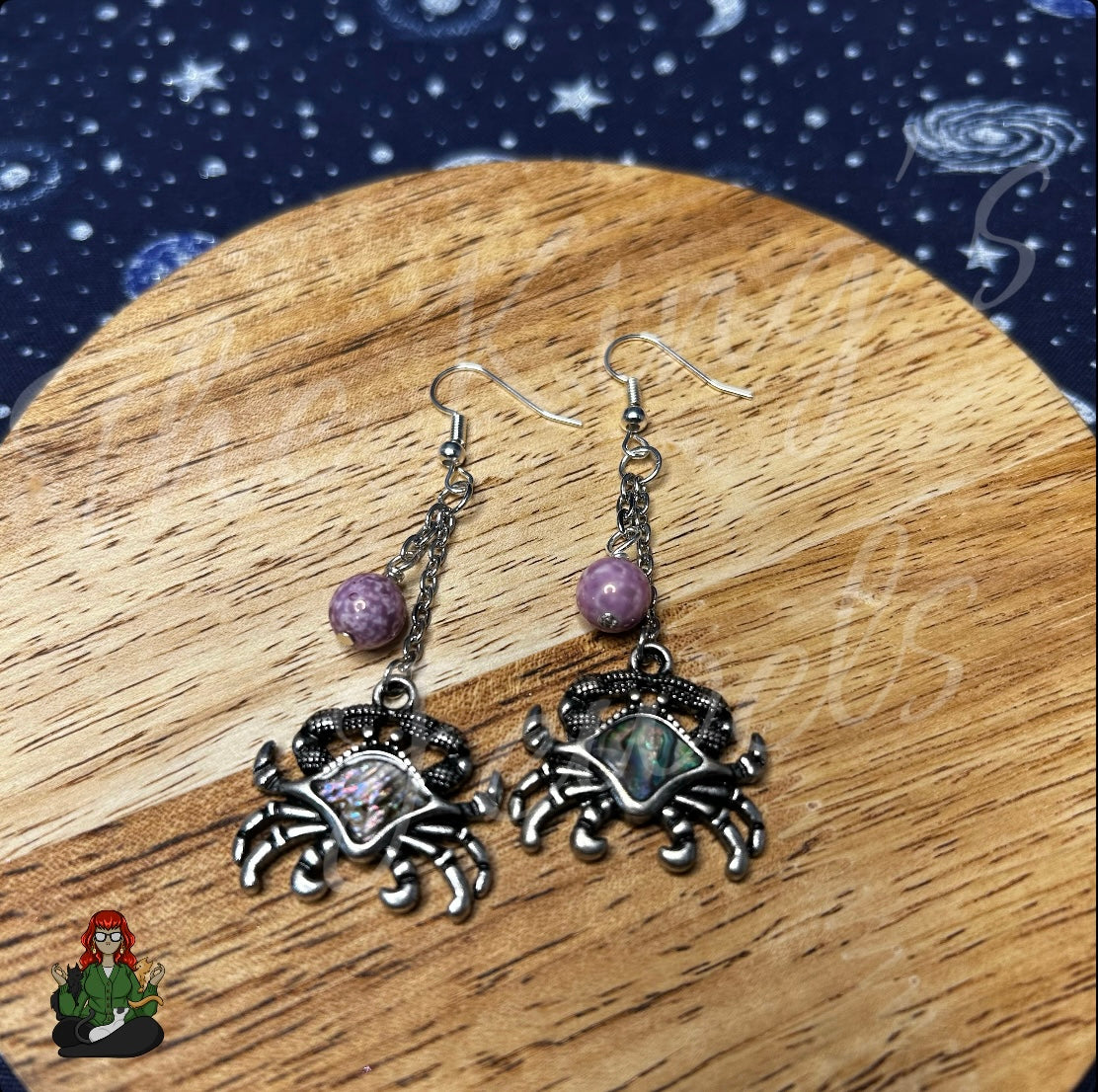 Gladys - Crab & Purple Bead Earrings!