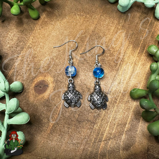 Katie - Turtle & Blue Glass Bead Earrings!