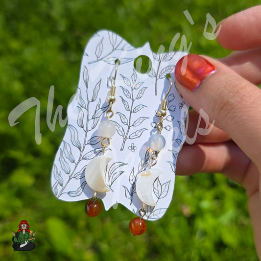 Amelia - Cresant Shell Moon, Smokey Quartz, & Fire Agate Bead Earrings!