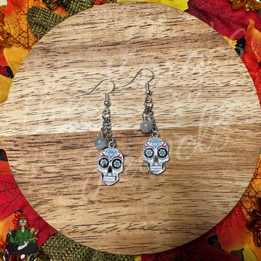 Gladys - Blue Aquamarine Bead & Sugar Skull Earrings!