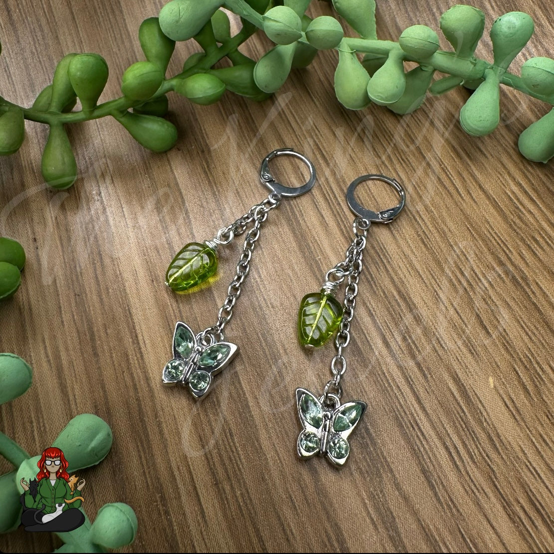 Gladys - Green Butterfly & Leaf Earrings!