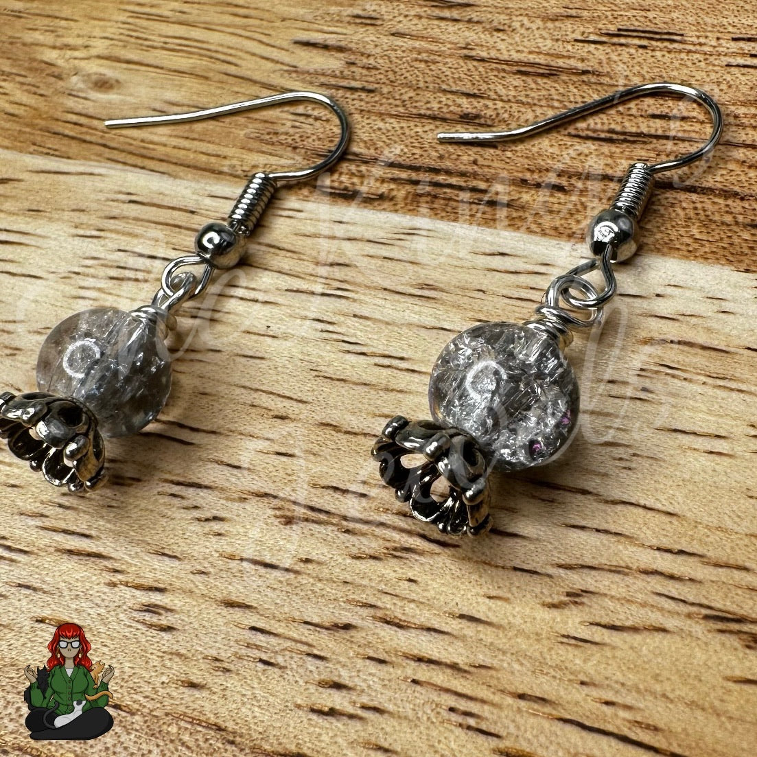 Grey Crackle Bead Crystal Ball Earrings!