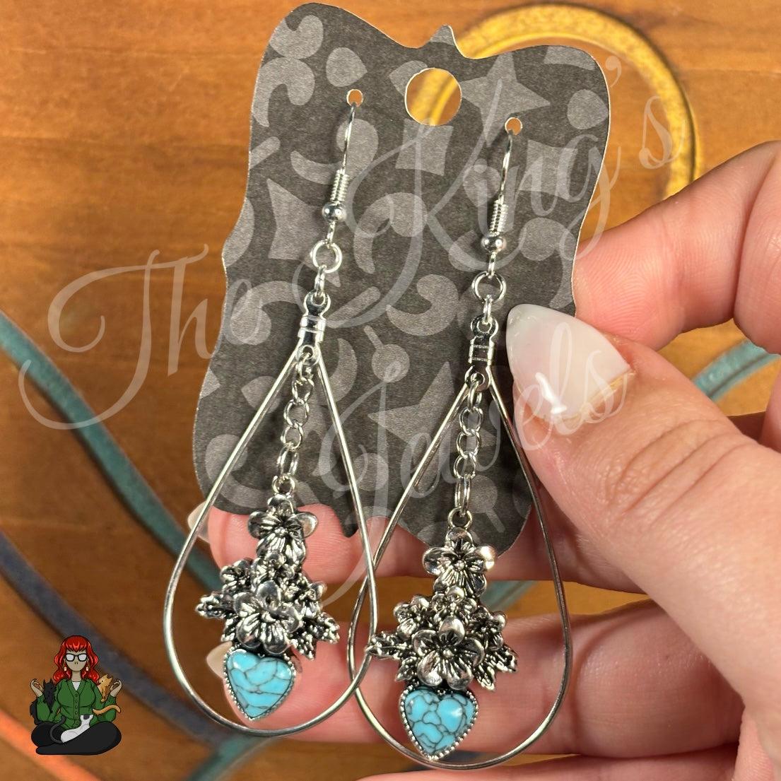 Rose - Turquoise Heart Floral Teardrop Earrings!
