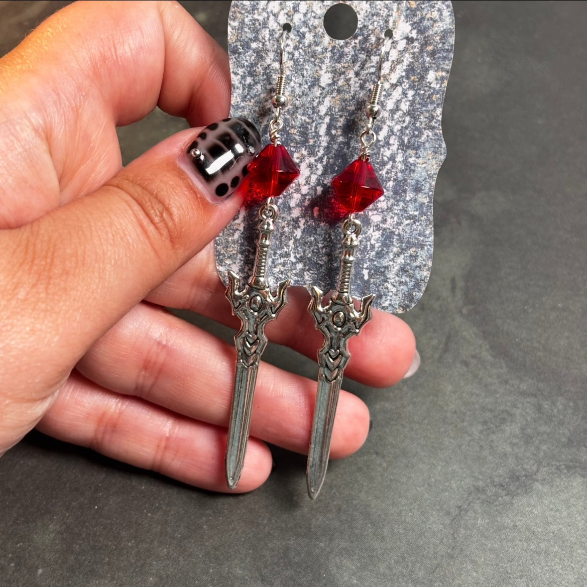 Katie - Intricate Sword & Red Glass Bead Earrings!