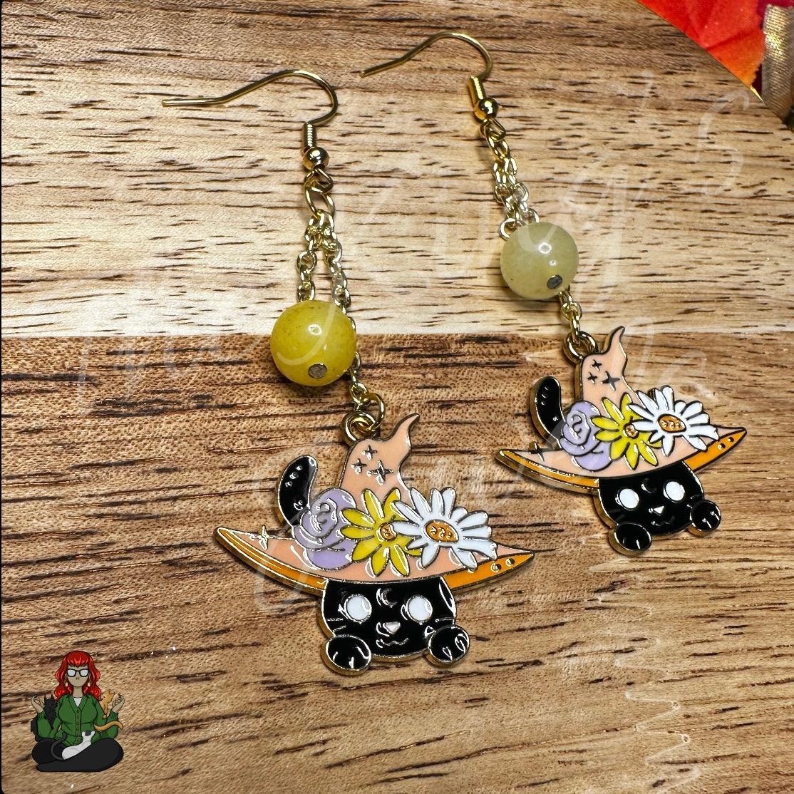 Gladys - Yellow Jade & Black Cat Earrings!