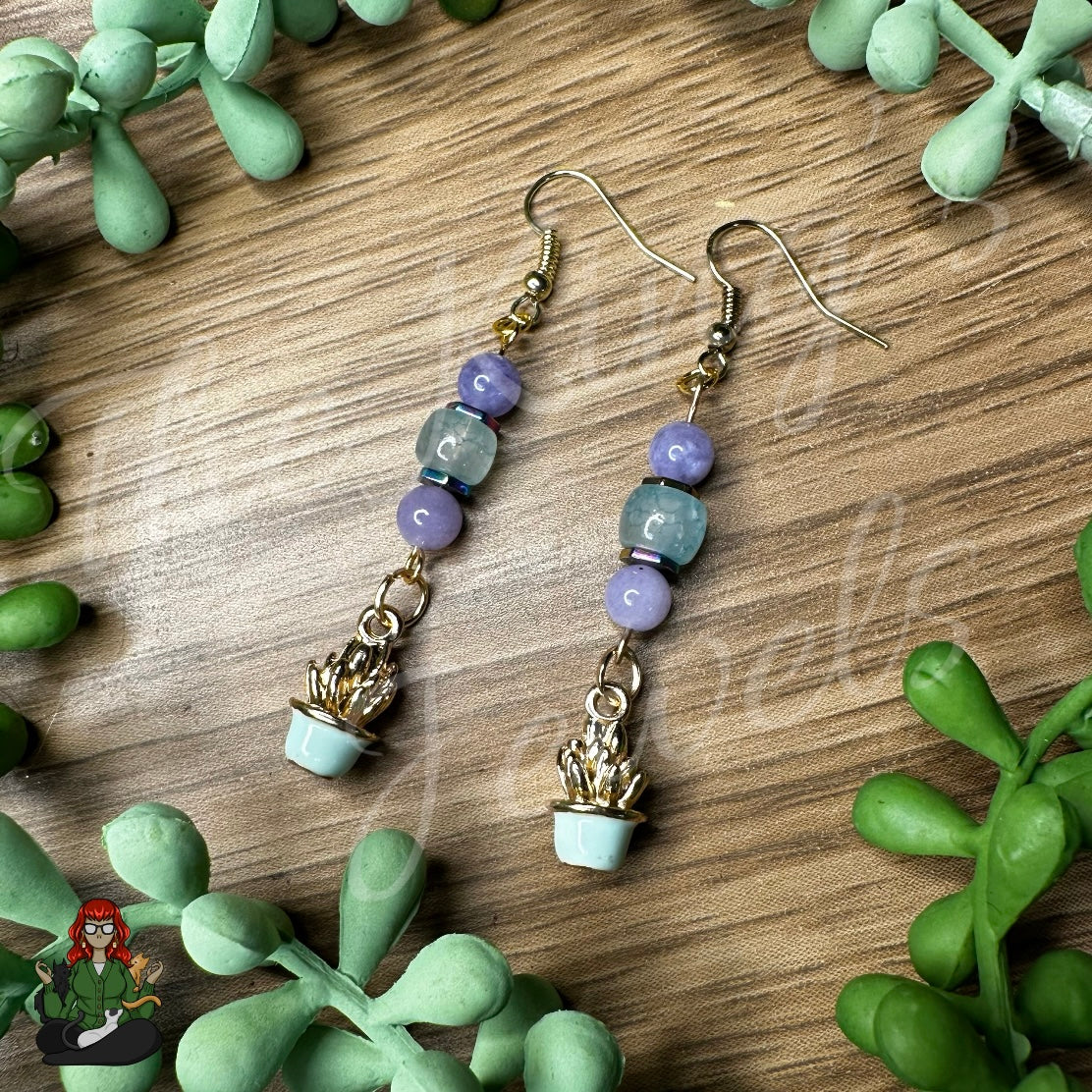 Katie - Succulent with Blue & Purple Beads Earrings!