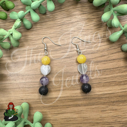 Faye - Amethyst, Yellow Jade, & Quartz Heart Non-Binary Earrings!