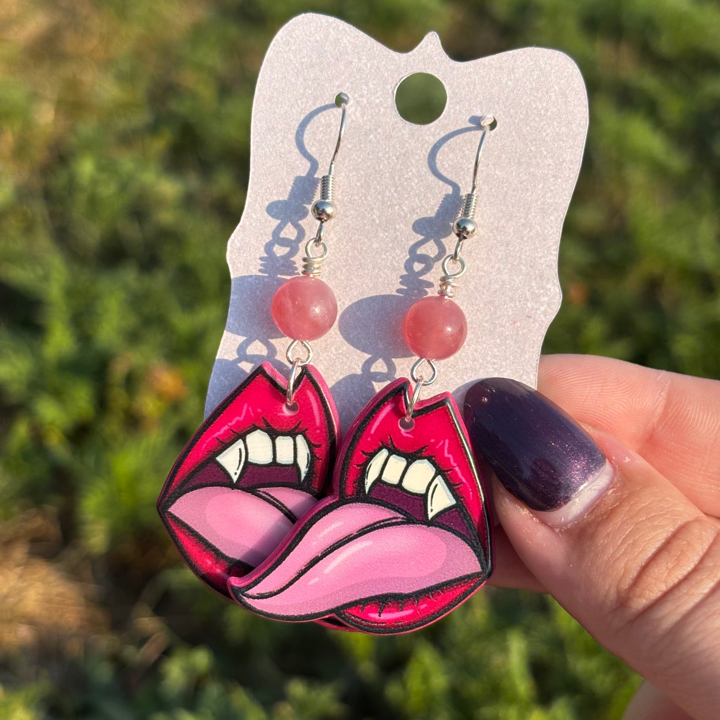 Katie - Vampire Mouth & Strawberry Quartz Earrings!