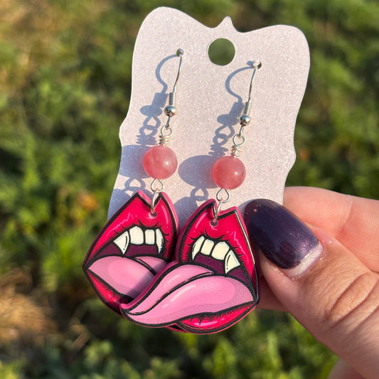 Katie - Vampire Mouth & Strawberry Quartz Earrings!