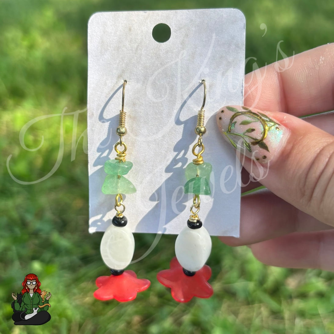 Green Aventurine, Selenite, and Red Flower Bead Earrings!