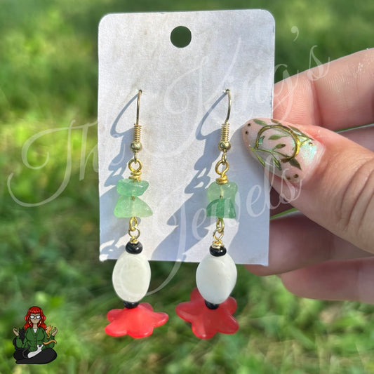 Green Aventurine, Selenite, and Red Flower Bead Earrings!