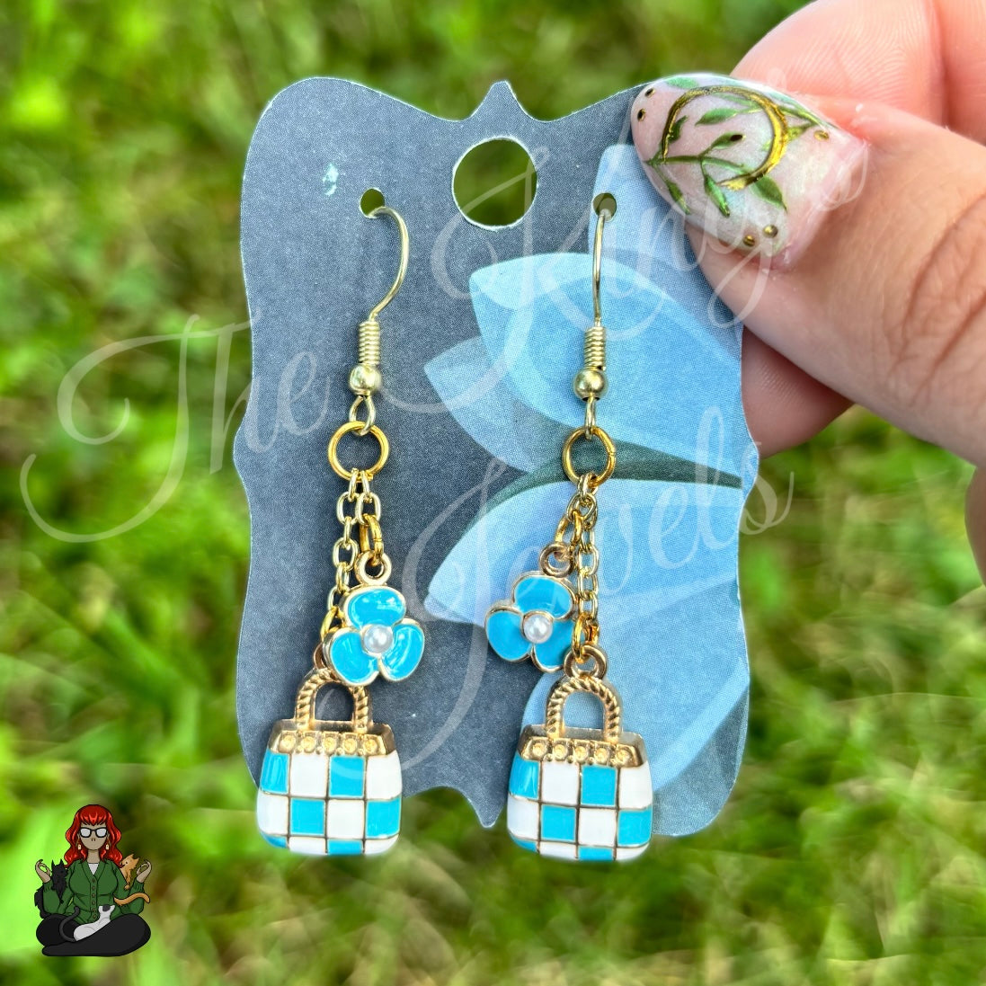 Gladys - Blue Retro Bag & Dainty Flower Earrings!