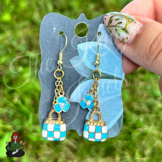 Gladys - Blue Retro Bag & Dainty Flower Earrings!