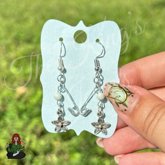 Raven - Dainty Teal Bead & Small Flower Safety Pin Earrings!
