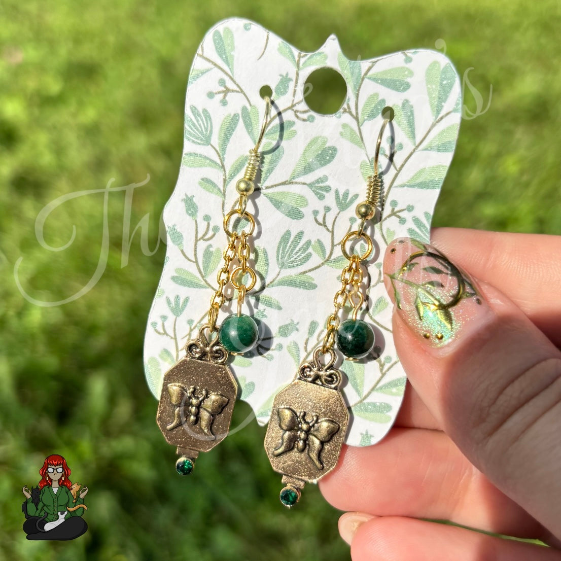 Gladys - Green Tigers Eye & Butterfly Vintage Style Earrings!